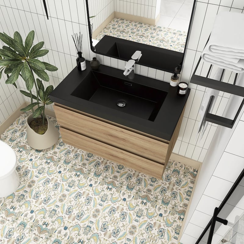 MDF Wall-Mounted Bathroom Vanity Set in Oak with Integrated Culture Marble Sink