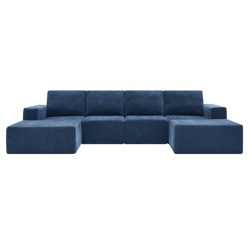 Modular U-Shaped Sectional Sofa with 2 Ottomans, Chenille Cloud Floor Couch, Fully Compressed Upholstered Sofa