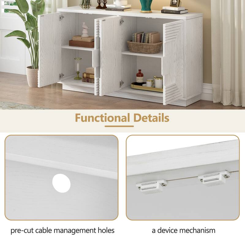 4 Door Classic Geometric Patterned Sideboard Cabinet with Adjustable Storage and Cable Management for Versatile Home Use