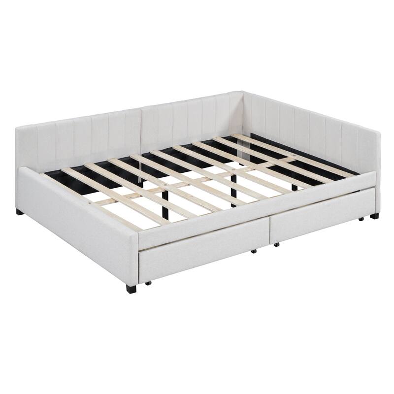 L-Shaped Backrest Daybed Upholstered Daybed Frame Classic Wood Slats Design with 2 Storage Drawers or Trundle, Full Size