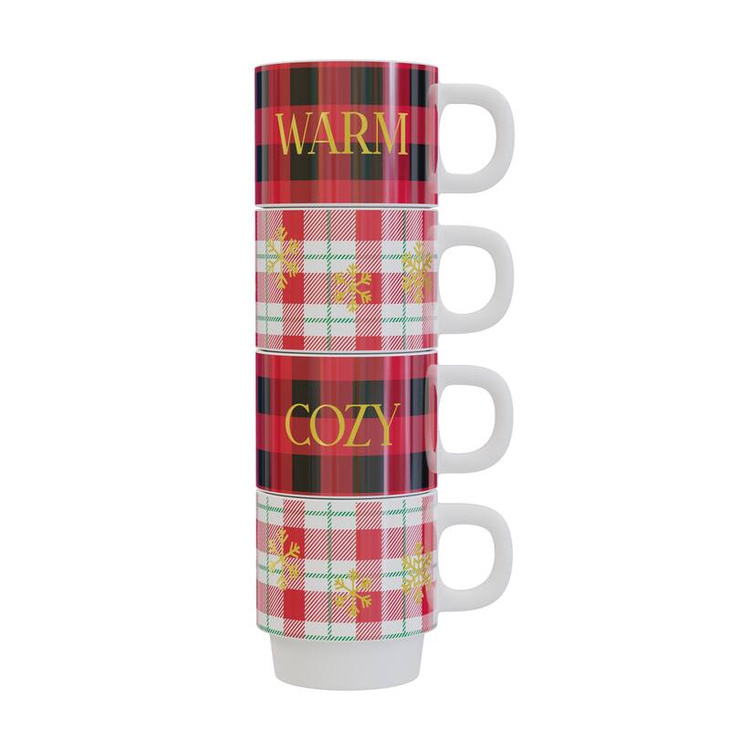 American Atelier Christmas 4 Ceramic Mugs and Rack Set - Warm Cozy