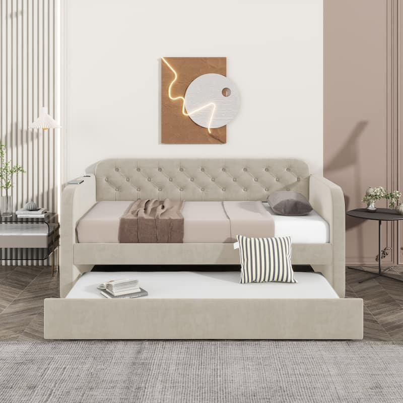 Upholstered Daybed with Trundle and USB Charging Design
