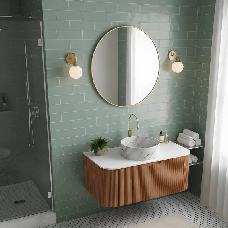 Floating Bathroom with Round Ceramic Basin and Storage Drawer
