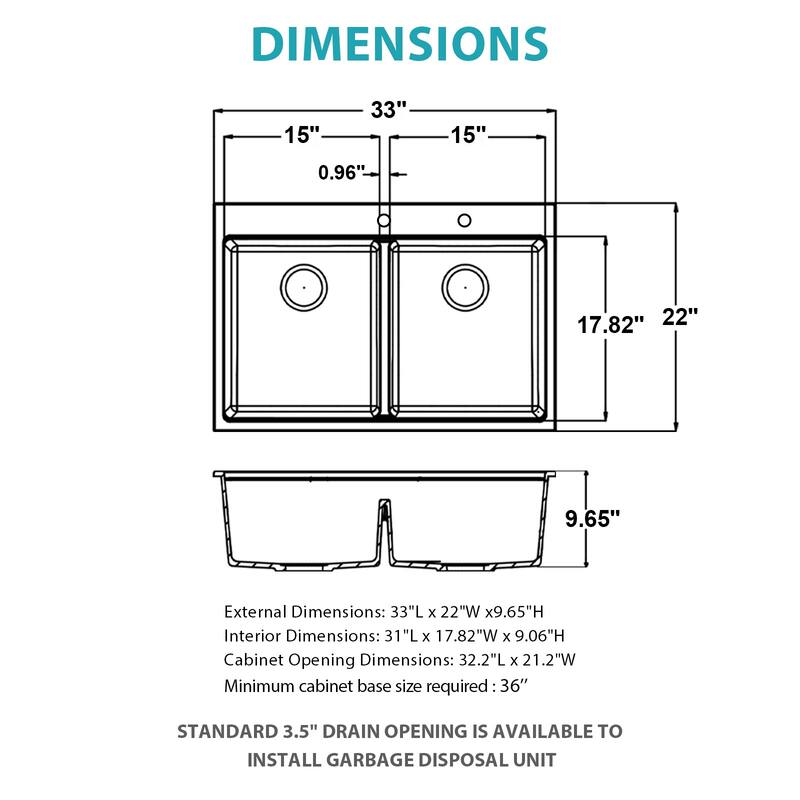 33 Inch Drop-in Double Bowl Quartz Kitchen Sink in White - 33'' x 22'' x 9.65''