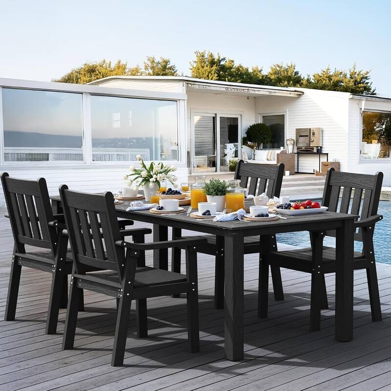 WINSOON 5-Piece HIPS All Weather Outdoor Patio Dining Sets with Umbrella Hole& Aluminum Frame,1-Table 4-Chairs - Black