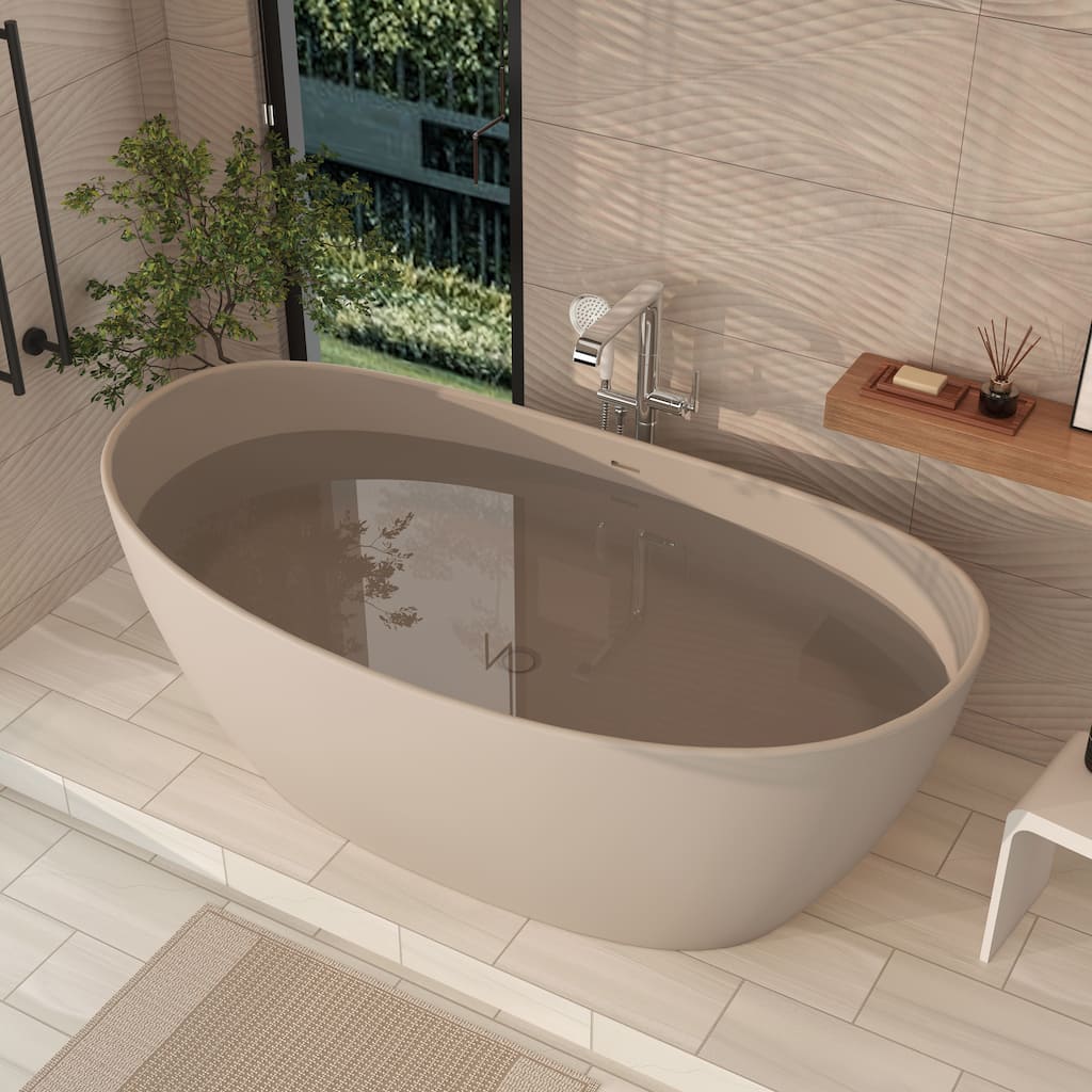 65 in. Freestanding Solid Surface Soaking Bathtub in Milk Coffee, Modern Spa Style with Center Drain