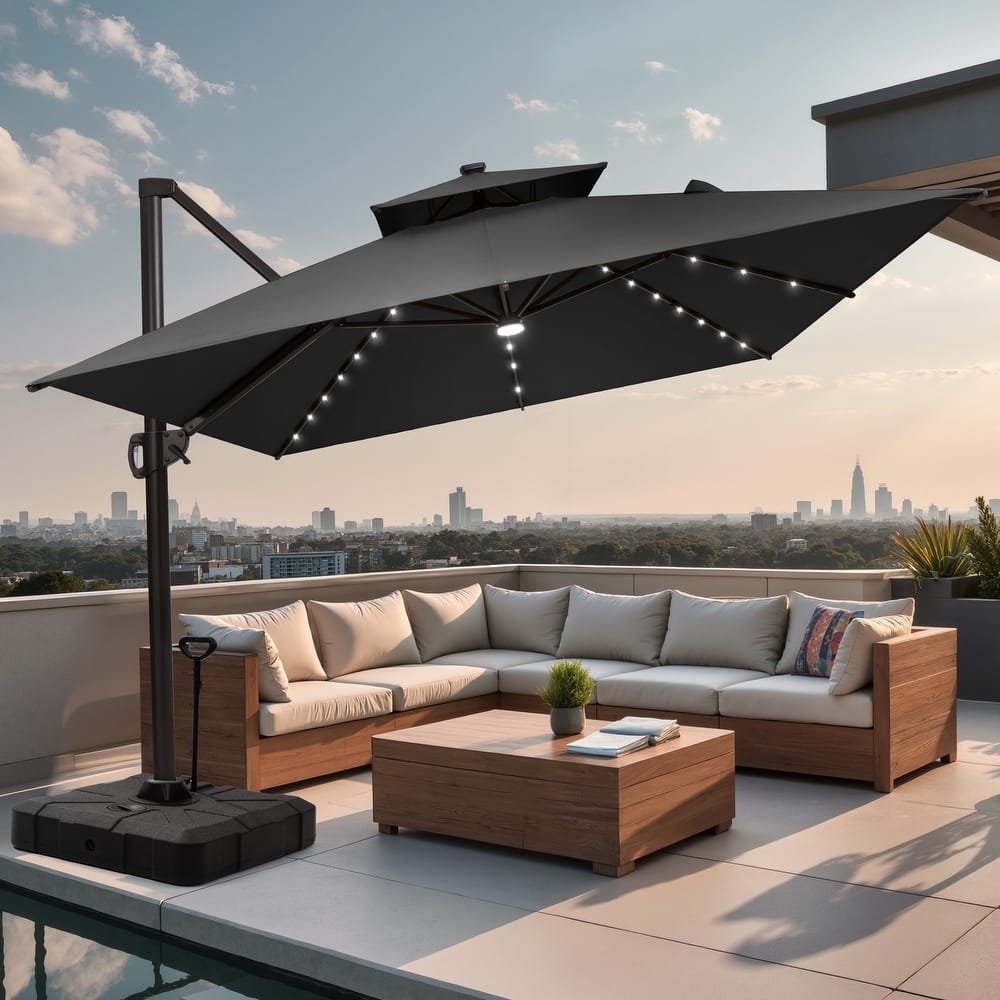9 X 11 FT Outdoor Patio Cantilever Umbrella with Solar Lights Rod Wheel Base Double Canopy 360 Rotation Tilt
