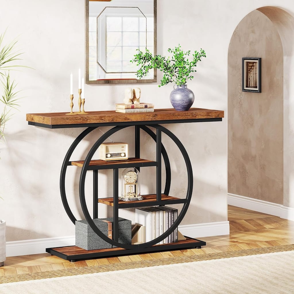 41.3" Console Table, Industrial 4-Tier Sofa Table for Entryway with Circle Base