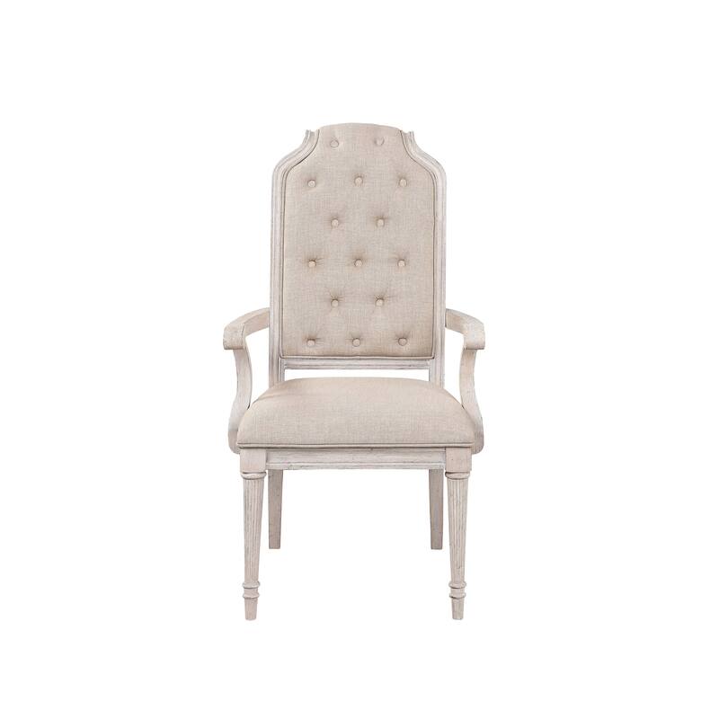 HomeRoots Set of Two Tufted Antiqued White and Champagne Upholstered Fabric And Solid Wood Dining Arm Chairs