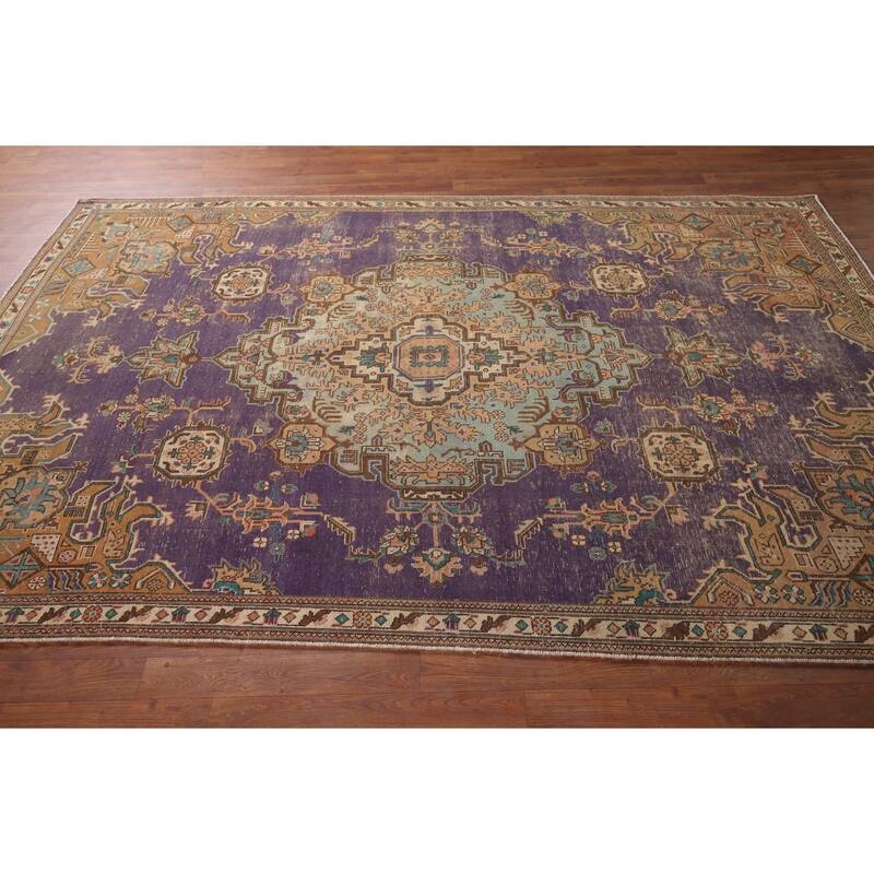 Distressed Purple Tabriz Persian Vintage Area Rug Handmade Wool Carpet - 6'0"x 9'2"
