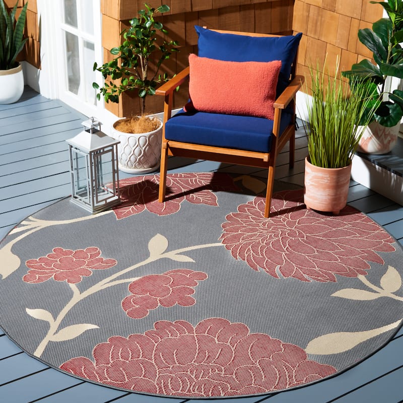 SAFAVIEH Courtyard Damaris Floral Indoor/ Outdoor Waterproof Patio Backyard Rug - 5'3" Round - Anthracite/Red