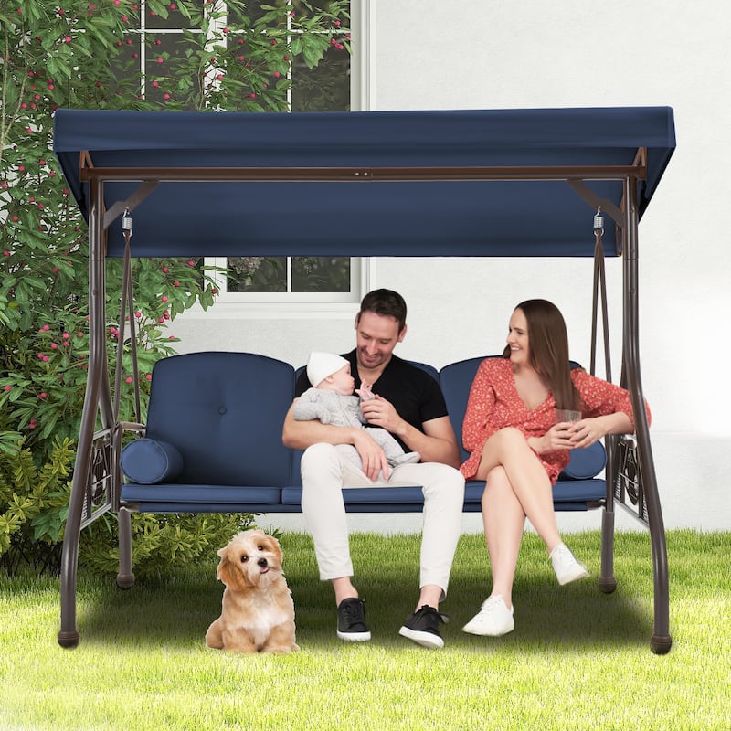 3-Seat Outdoor Porch Swing with Adjustable Canopy & Stand, Convertible Bed, All-Weather, Thickened Cushions & Cup Holders