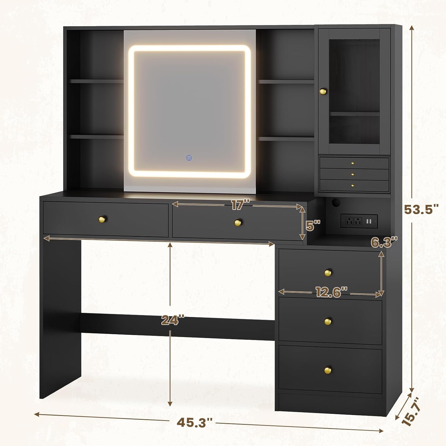 Vanity Desk with Sliding Mirror & 5 Drawers Organizer