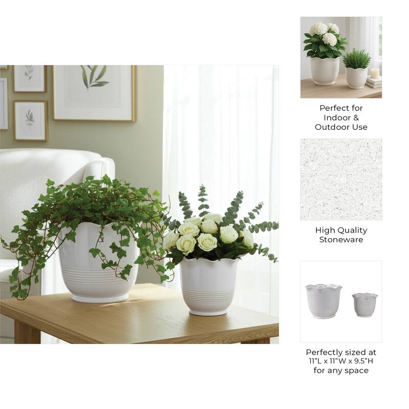Ceramic Planter Ruffle Edge Home Garden Use (Set of 2) - 10", 7" Ivory - 11" x 11" x 9.5"
