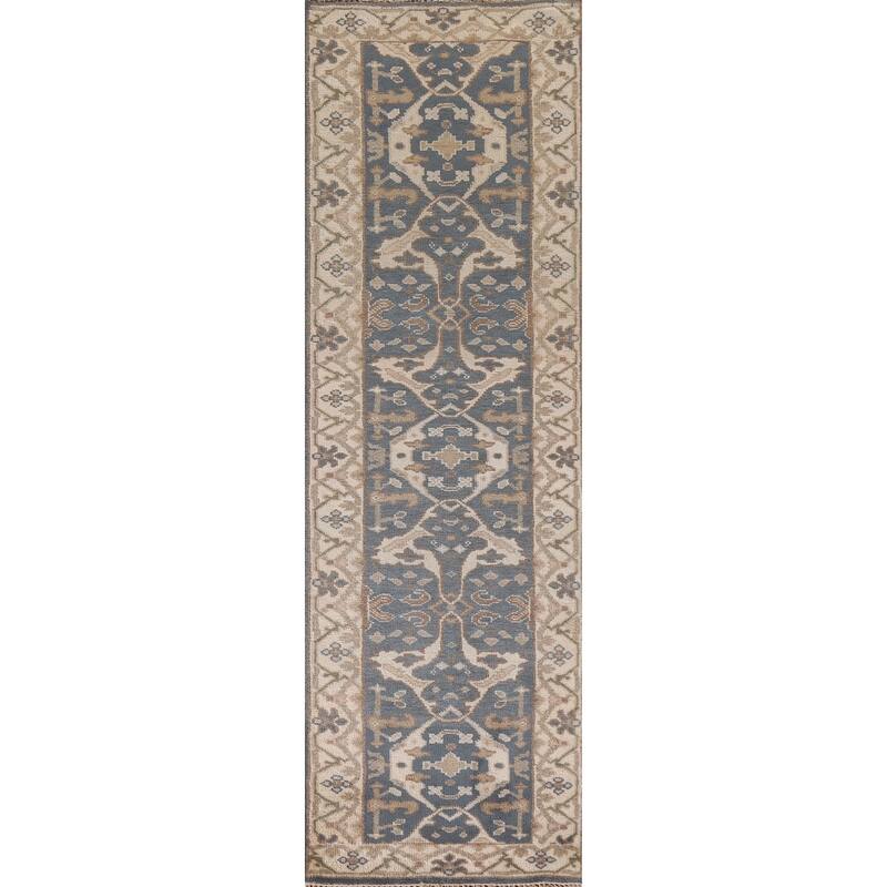 Floral Blue Oushak Oriental Runner Rug Handmade Wool Carpet - 2'8"x 9'10"