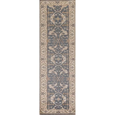 Floral Blue Oushak Oriental Runner Rug Handmade Wool Carpet - 2'8"x 9'10"