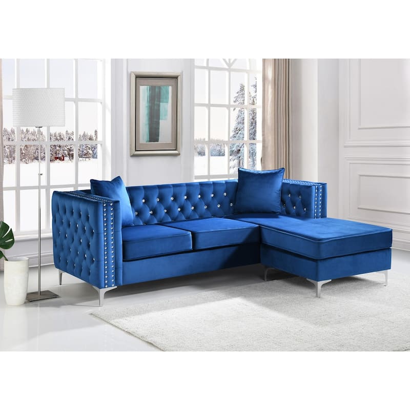 Tufted Velvet Sectional Sofa with Throw Pillows - 87" - Blue