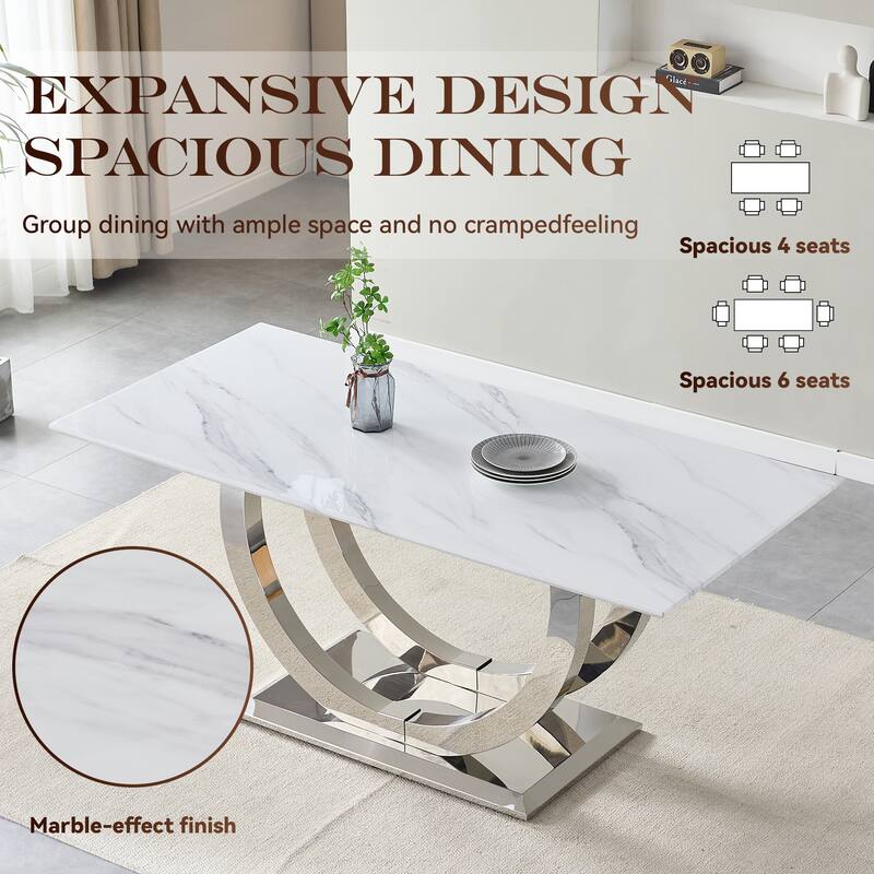 69.30 Inch Rectangular Dining Table, Modern Simple, Marble Tabletop, MDF Tabletop, Suitable For 4-6 People - Silver+White