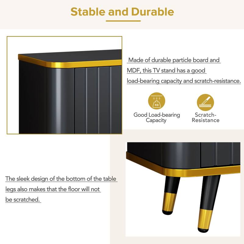 Elegant 79-Inch TV Stand with Ample Storage, Golden Elements, and Sleek Design - Ideal for Large Living Spaces.