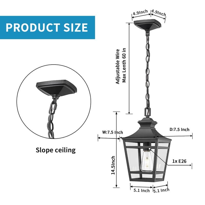 Farmhouse Black Outdoor Pendant Light - 14.5" Clear Glass Hanging Fixture, E26 Socket for Porch, Patio & Entryway (1-Pack)