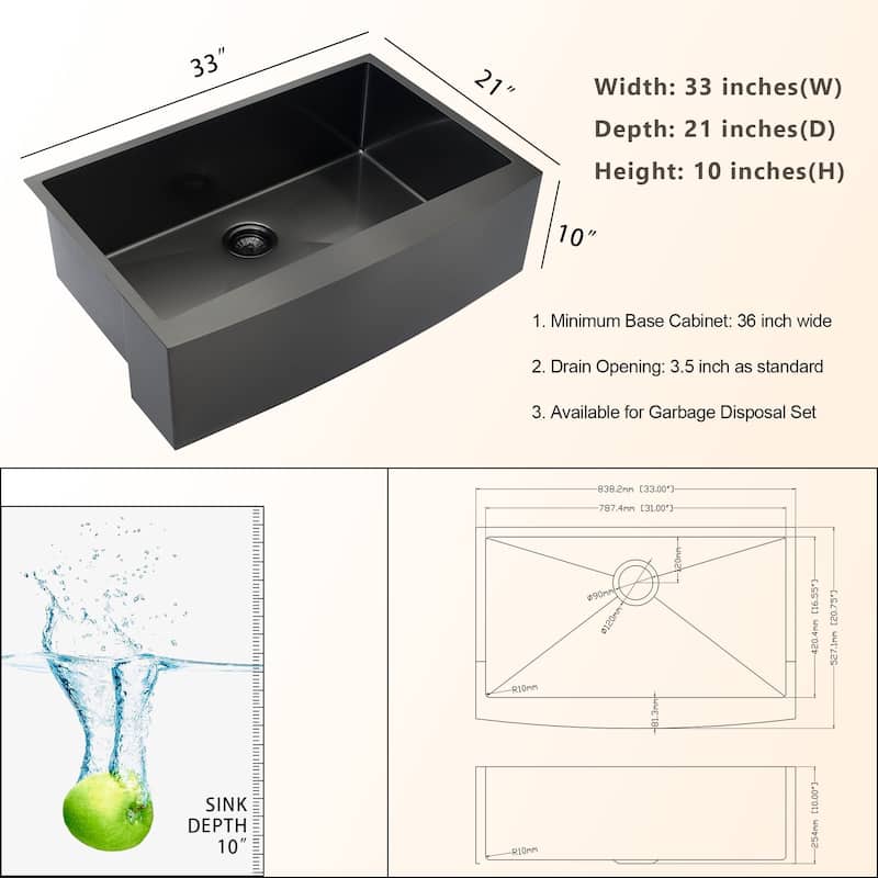 Lordear 24/27/30/33/36 inch Gunmetal Black Farmhouse Stainless Steel Apron Front Kitchen Sink - 33"x 21"x 10"