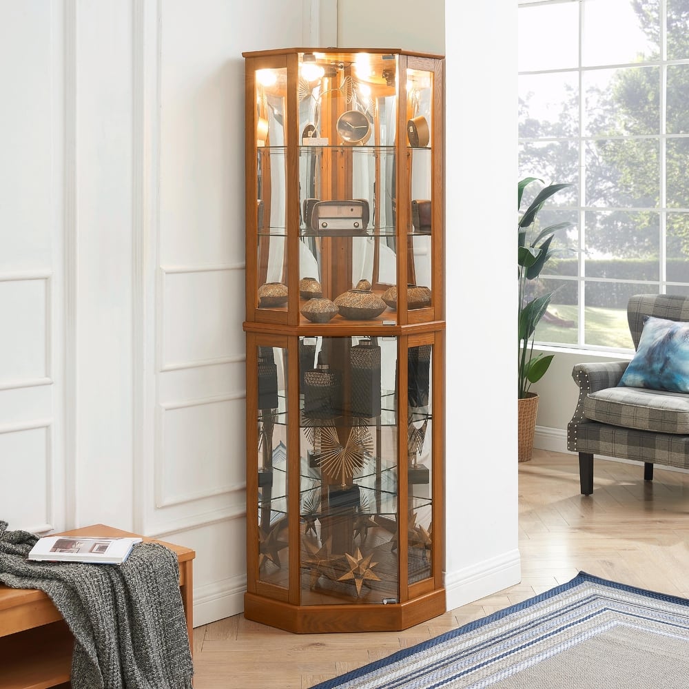 6-Shelf Corner Curio Display Cabinet with Lights, Mirrors, and Adjustable Shelves