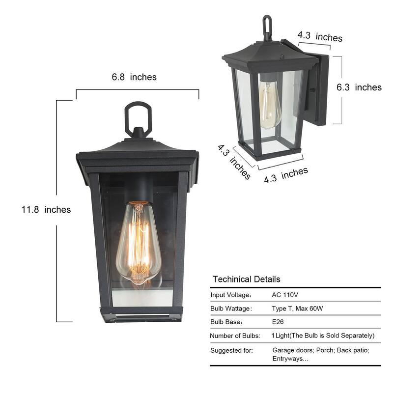 Farmhouse 1-Light Black Outdoor Wall Sconces Patio Glass Wall Lamps - 4.3"L x 11.8"H