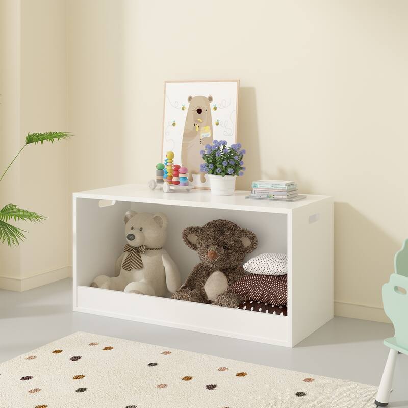 Open Toy Storage Box for Kids, White Wooden Organizer Bin for Plush Toys, Books, Nursery or Playroom Use