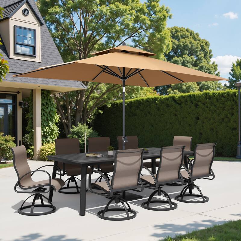 11-Piece Outdoor Dining Set Aluminum Table and Swivel Sunbrella Dining Chairs with Umbrella and Base - Augustine Ashe
