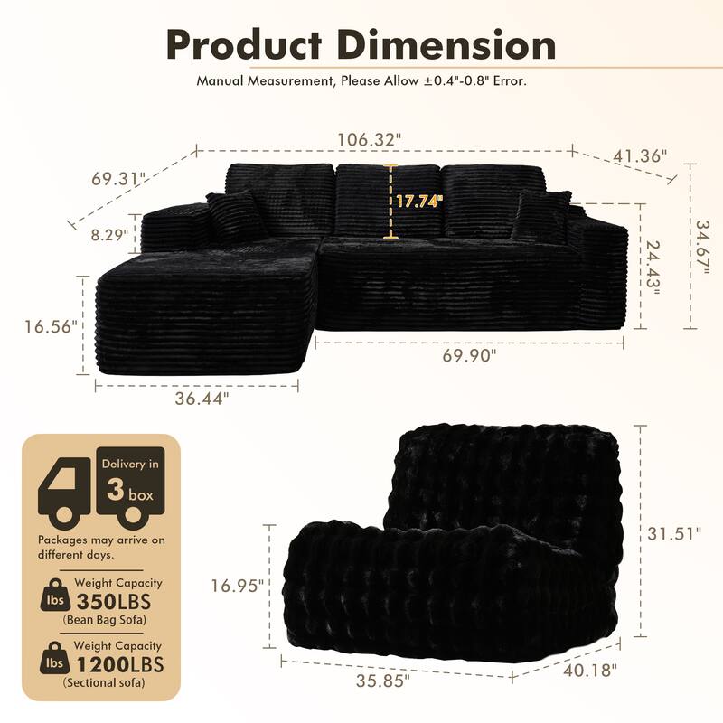 XIZZI Modern Plush Sectional Chaise Couch with Bean Bag Chair