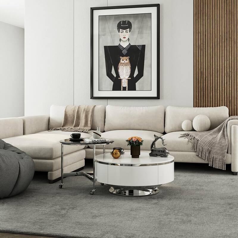 Nesting Coffee Table Set with End Table Round Coffee Table with 2 Storage Drawers