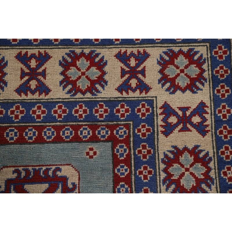 Hand Knotted Oriental 100% Wool Carpet Traditional Geometric Navy Blue & Blues Kazak Area Rug - 9' 8'' X 6' 8''