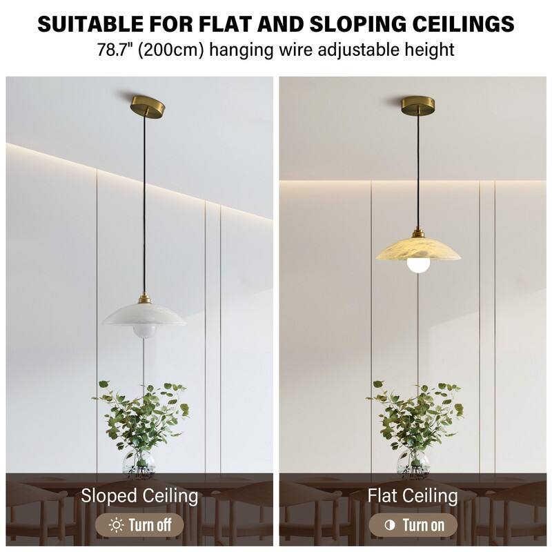 KAYLA Nordic Pendant Light Fixture - Round Alabaster Hanging Lamp with Brushed Brass Finish for Kitchen Island, Dining Room