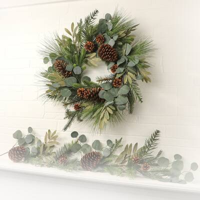 24" Long Pine/Eucalyptus/Spruce/Cone Wreath - Green Brown - 24-Inch