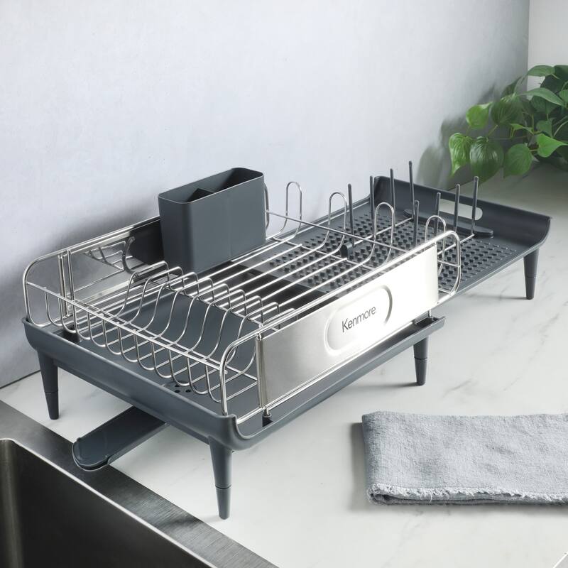 Kenmore Loxdell Expandable Full Size Rust Resistant Dish Rack with Drain Board and Flatware Caddy