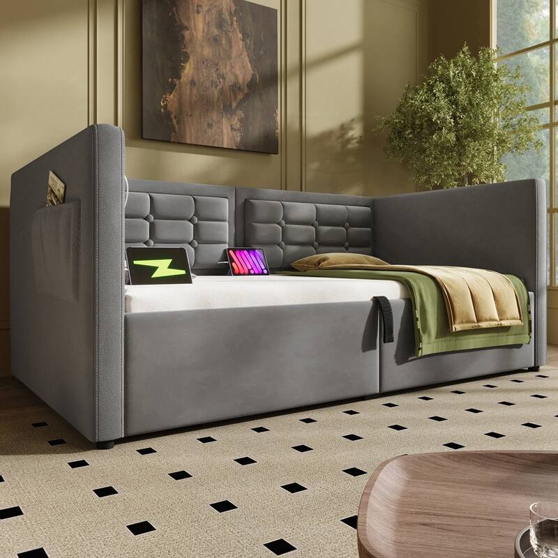 Hydraulic Storage Twin Bed Frame with Wooden Slats and Tufted Sofa Back
