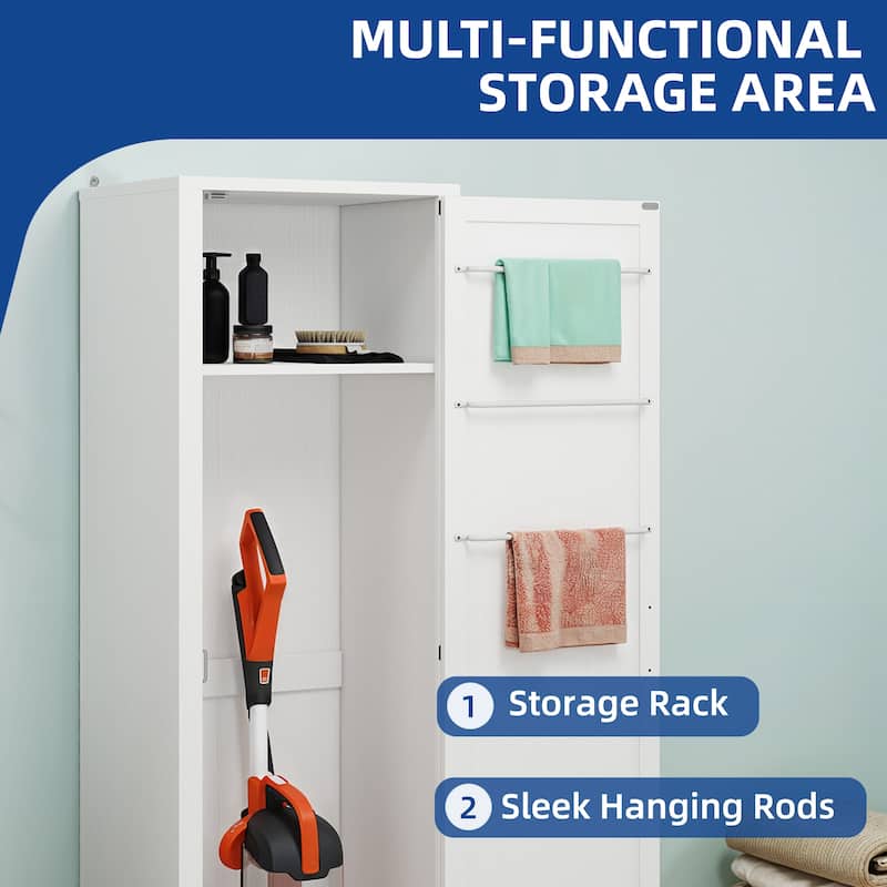 Moasis 63" Tall Barn Door Wooden Cleaning Tool Cabinet with Storage Rack and Sleek Hanging Rods