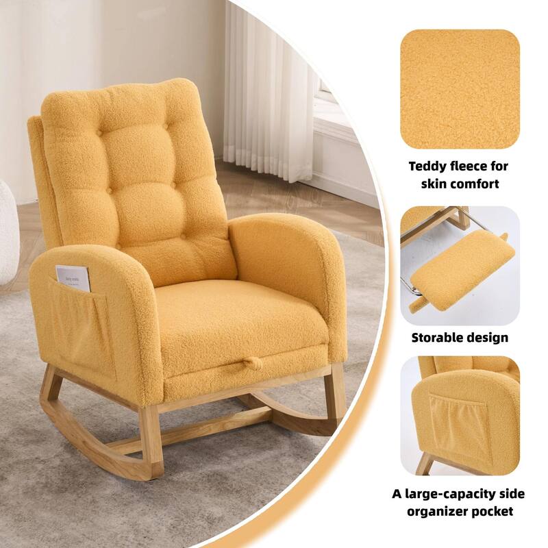 Accent Rocking Chair with Footrest & Storage Pocket, High-Back Rocker, Rubber Wood Lounge Chair