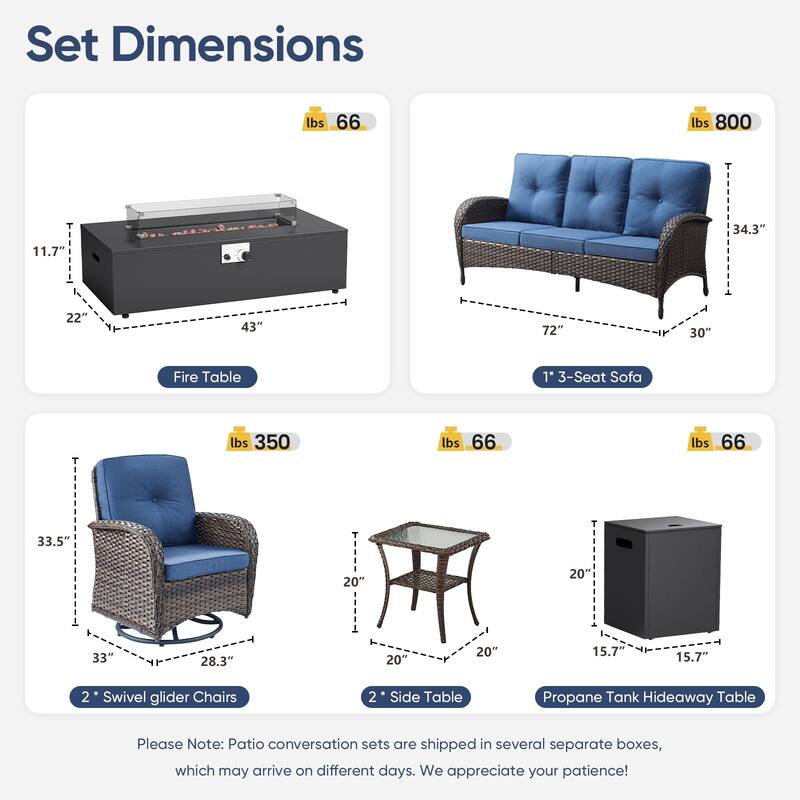 Pocassy Outdoor Sofa Swivel Chair Set with Fire Pit Table