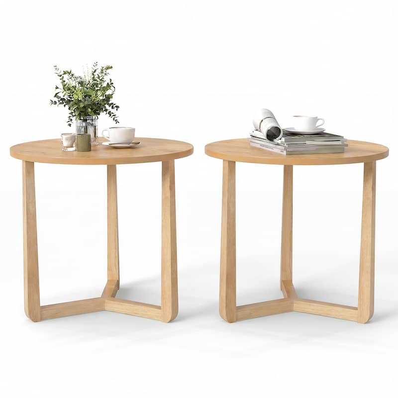 Gymax 2PCS Round Side Table w/Sturdy Rubber Wood Legs Triangular - Beige