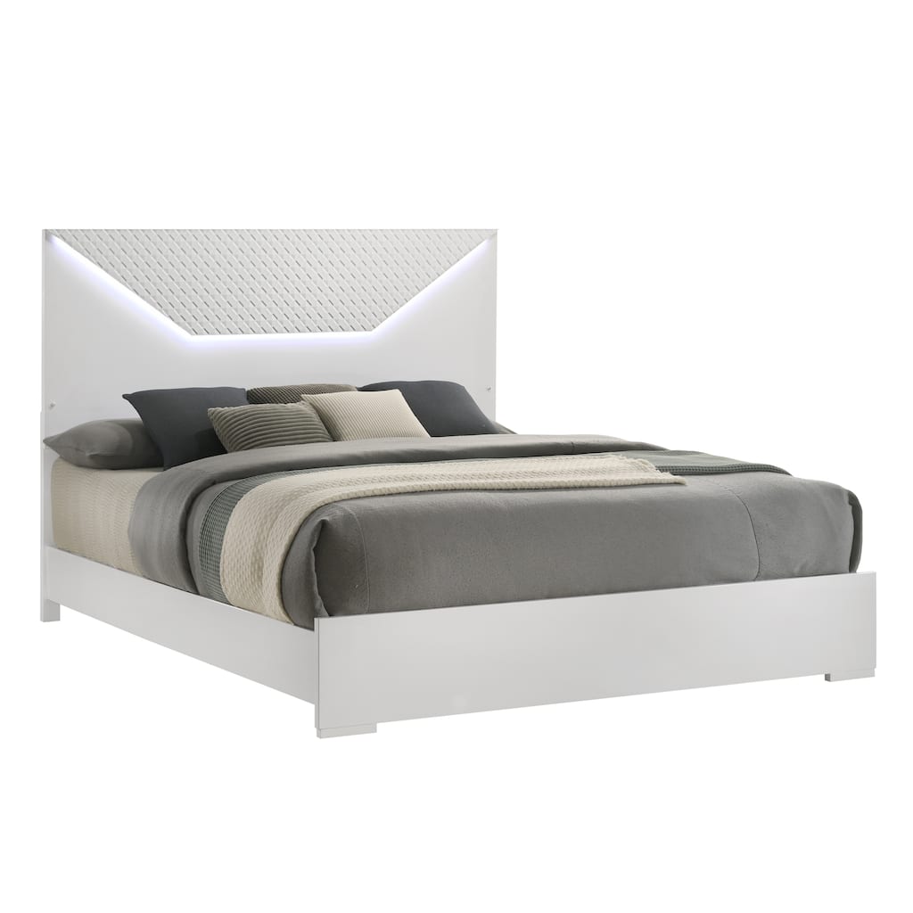 Blanca Modern Style Queen Bed Made with LED Headboard & Wood in White