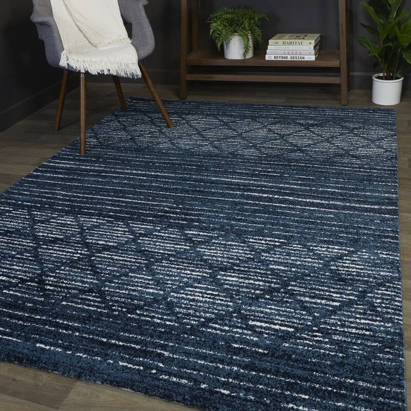 Madera Striped Contemporary Area Rug - 5'3" x 7' - Navy Blue