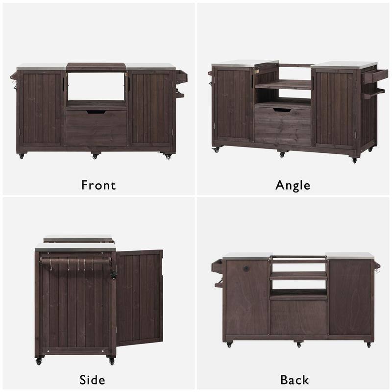 Outdoor Kitchen Island for Big Green Egg Grills, Solid Wood Outdoor Grill Cart w/Stainless Steel Top &Drawer, Patio Kitchen Cart