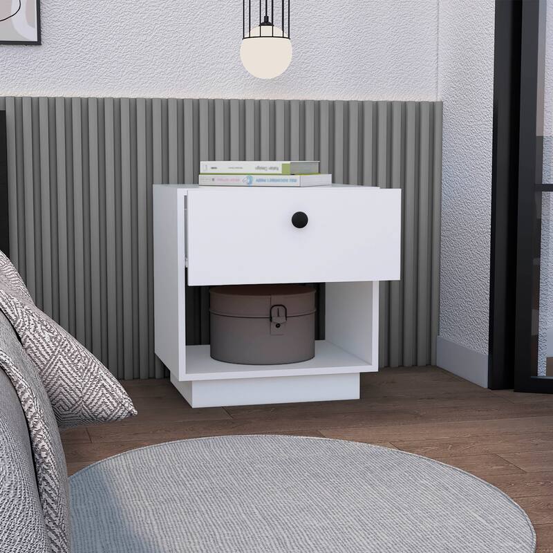 White Nightstand with Drawer and Open Shelf - Compact Side Table for Bedroom or Living Room