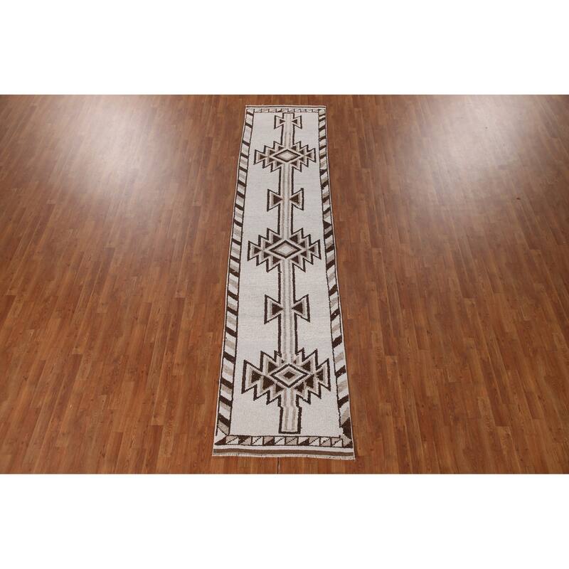 Natural Dye Anatolian Turkish Runner Rug Handmade Beige Wool Carpet - 2'11"x 12'2"