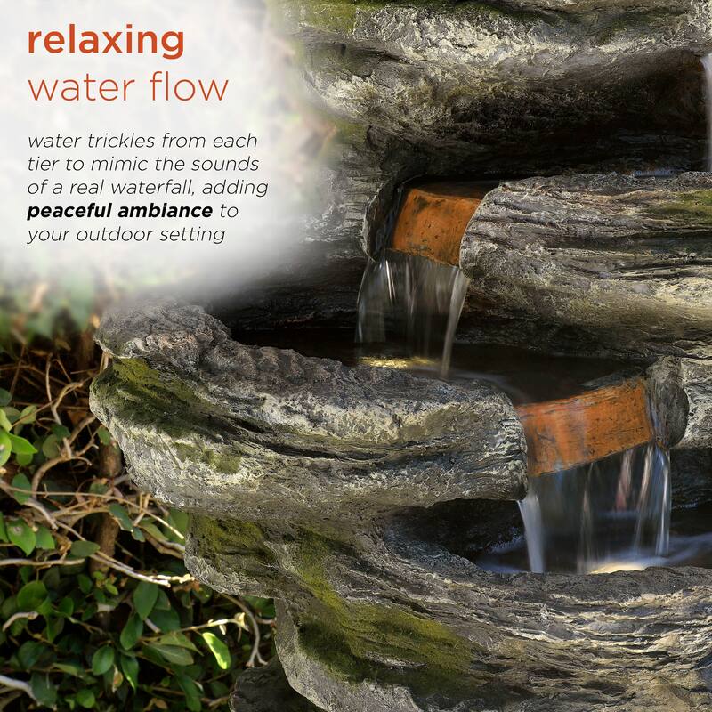 Alpine Corporation WIN1146 58" Gray Outdoor Floor 8 Tier Rock Water Fountain with LED Lights