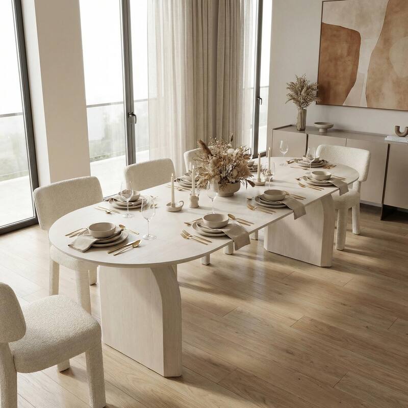 HOMYLIN Extendable Oval Dining Table with Dual Pillar Base - Off White