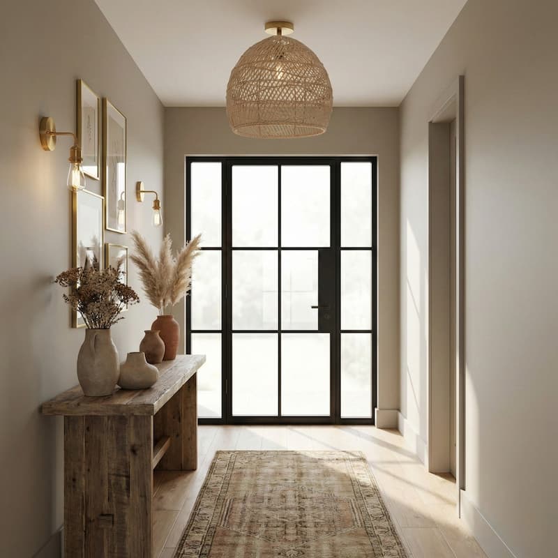 Santana Rattan Flush Mount - Rattan Brown 1-Light Handwoven Ceiling Light for Bedroom or Hallway in Modern, Mid-Century Style