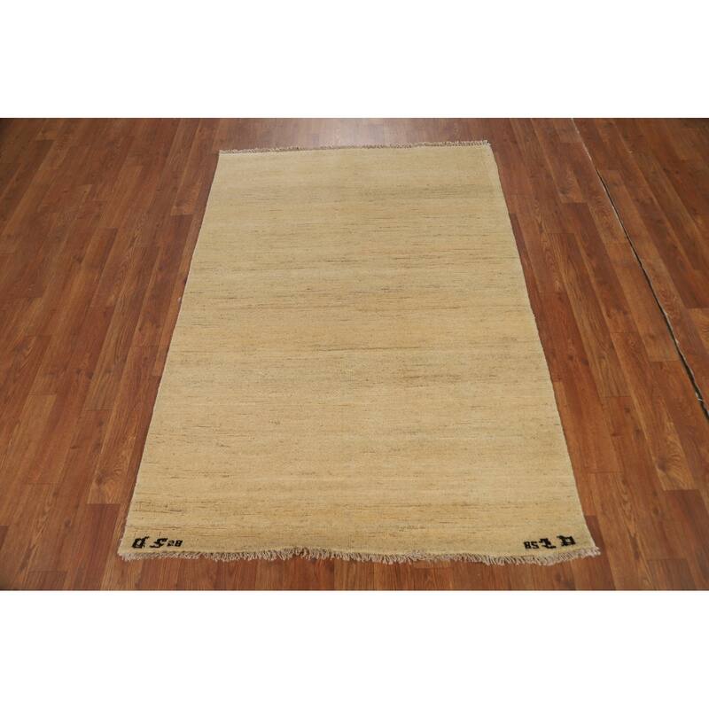 Modern Gabbeh Oriental Foyer Rug Handmade Beige Solid Wool Carpet - 3'4"x 4'10"