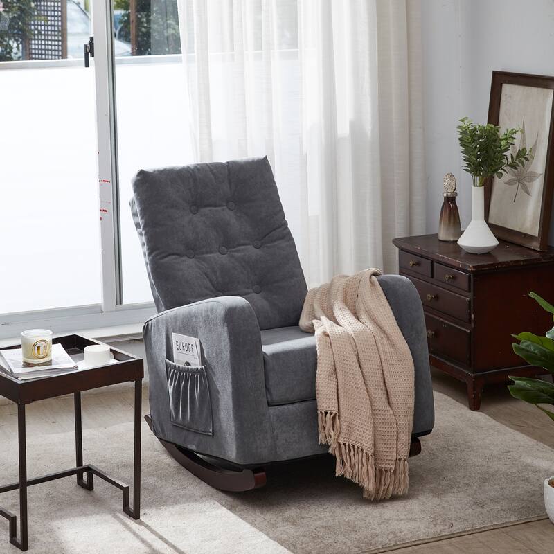Modern 28.74" High Back Upholstered Buttons Tufted Rocking Chair with Solid Wood Legs and Side Pocket